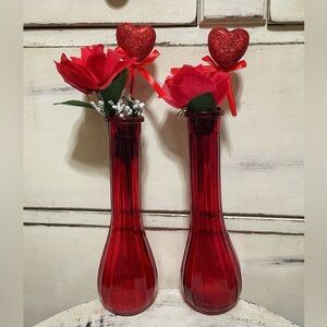 Set of 2 Vintage Ribbed Red Ruby Glass Bud Vases